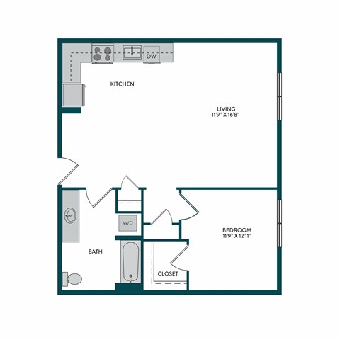Floor plan for 1 bed, 1 bath, 700 sqft